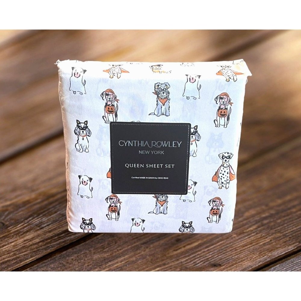 CYNTHIA ROWLEY Halloween Dogs Dachshund Mutt Beagle Dog QUEEN 4pc Sheet Set  NEW